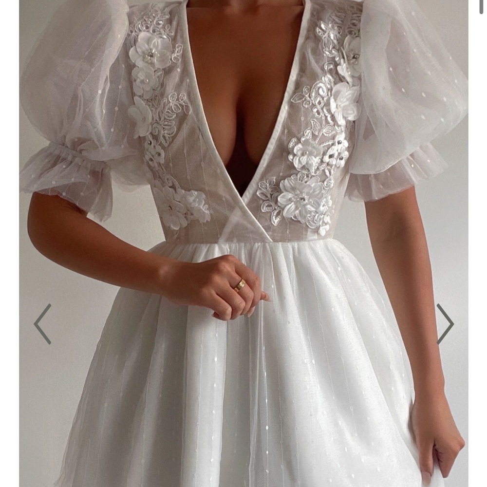 Showpo White Puff Sleeve Plunge Mini Dress